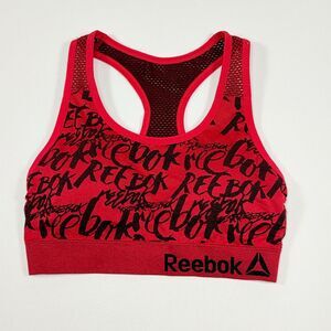 Reebok Red Black Allover Logo Print Mesh Racerback Sports Bra Size L Large